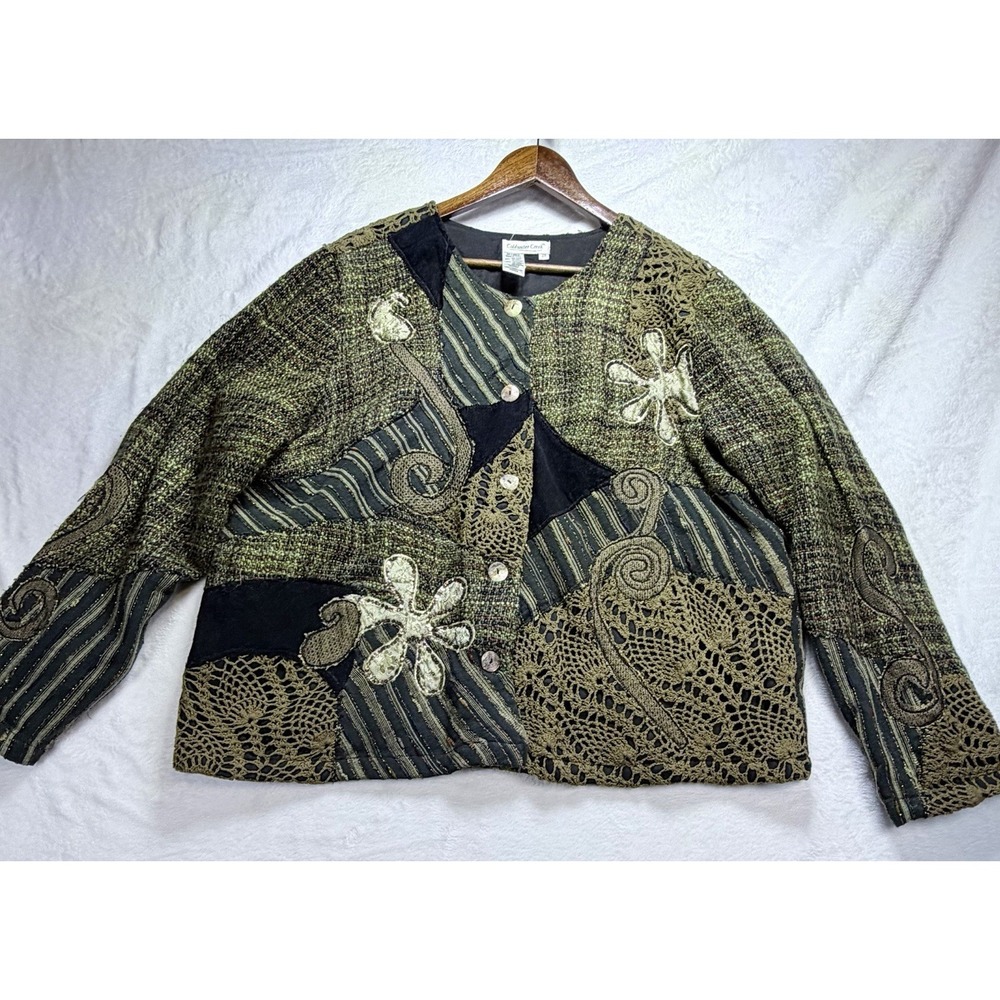 Vtg Coldwater Creek Patchwork Art To Wear Jacket Olive Green Crochet Boho 2XL